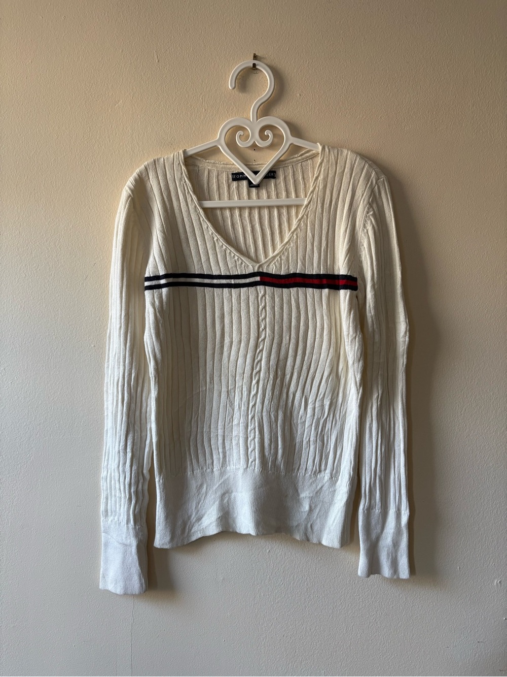 Vintage 90s Tommy Hilfiger White Cream Cable Knit Cotton Sweater Size M